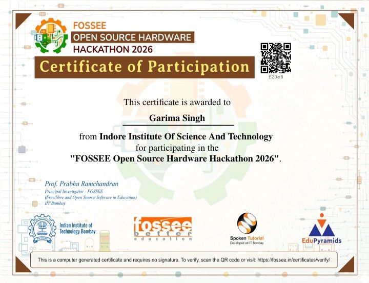 FOSSEE Open Source Hardware Hackathon 2026 participation certificate
